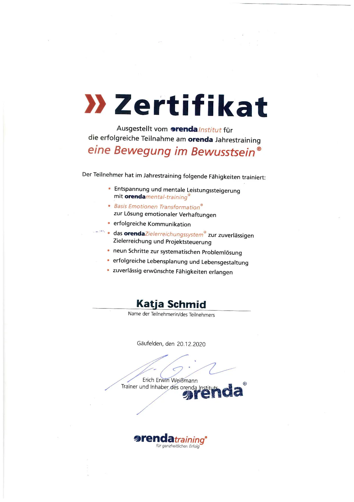 K. Schmid Transportservice - Zertifikat - orenda-training - Bewegung im Bewusstsein