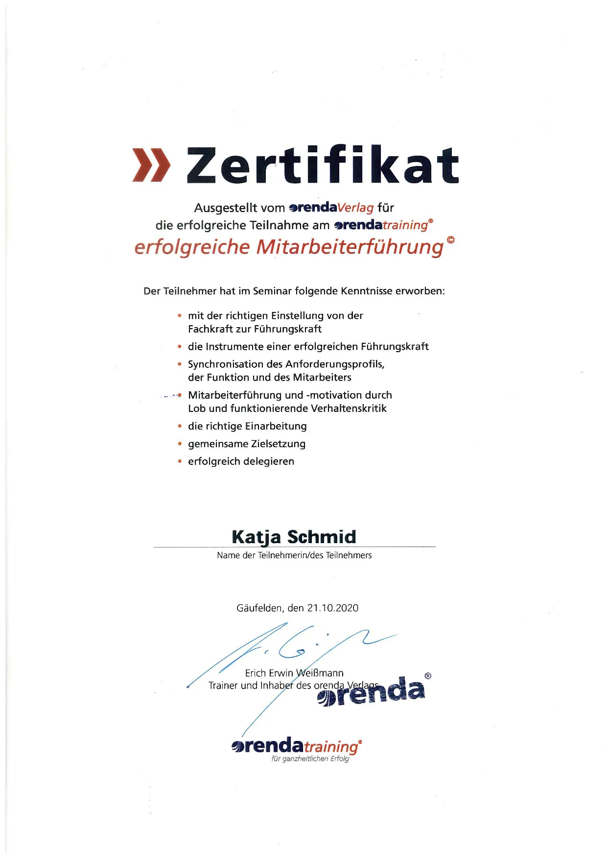 K. Schmid Transportservice - Zertifikat - orenda-training - Mitarbeiterführung