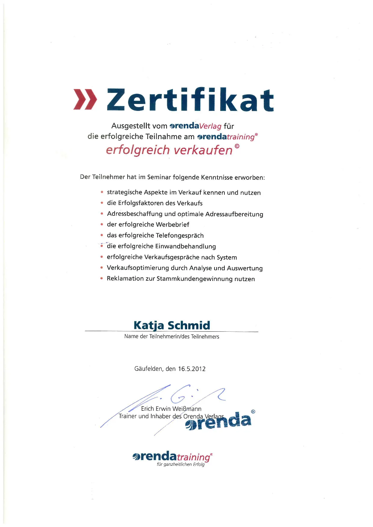 K. Schmid Transportservice - Zertifikat - orenda-training - erfolgreich verkaufen