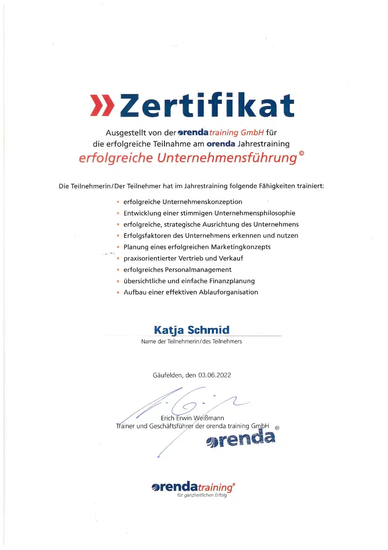 K. Schmid Transportservice - Zertifikat - orenda-training - erfolgreiche Unternehmensführung