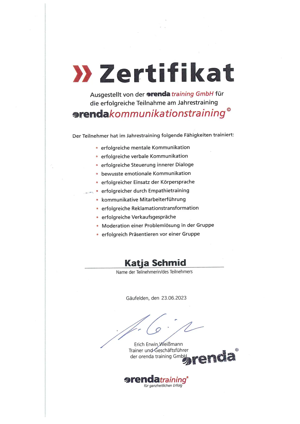 K. Schmid Transportservice - Zertifikat - orenda-training - kommunikationstraining