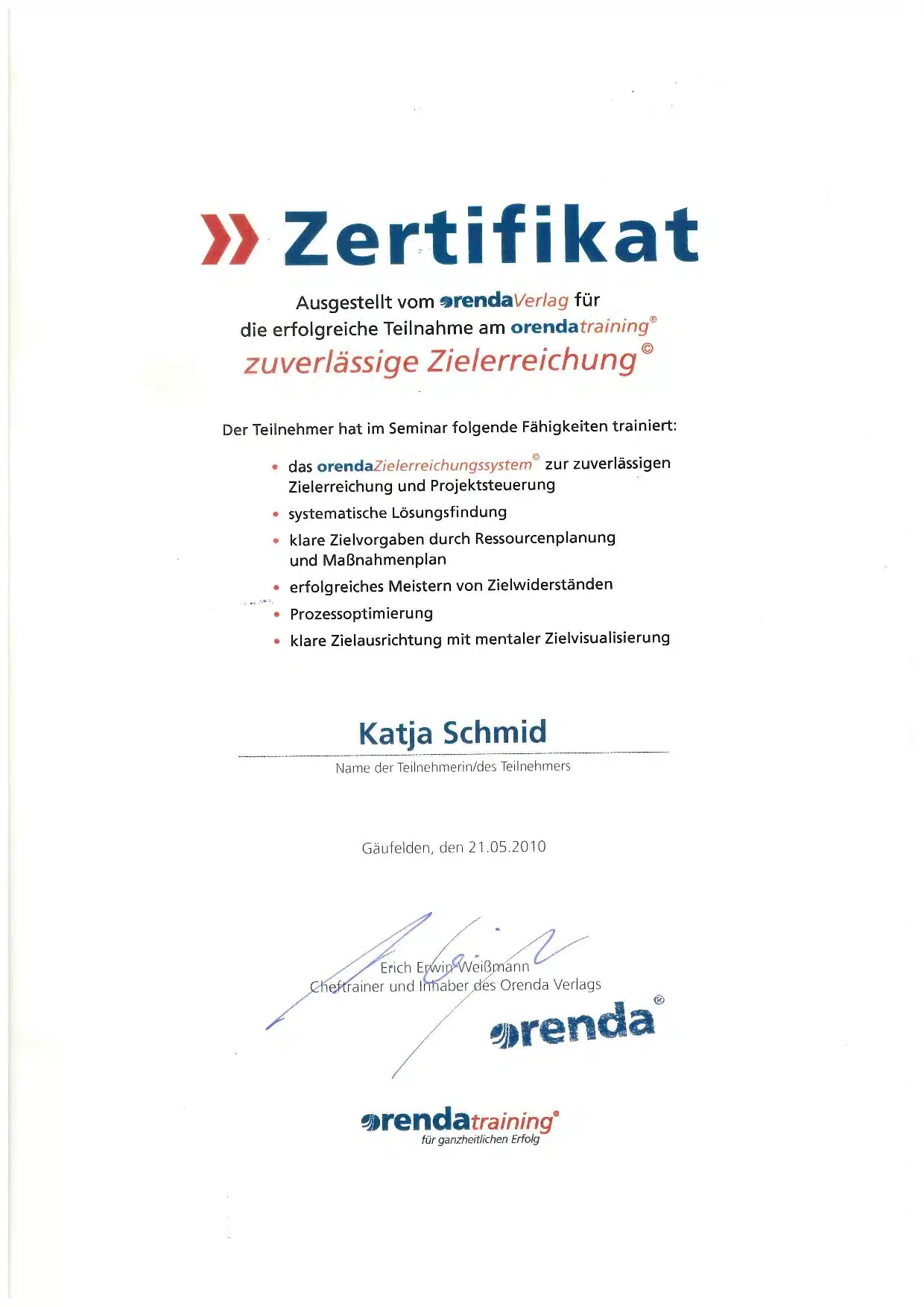 K. Schmid Transportservice - Zertifikat - orenda-training - zuverlässige Zielerreichung